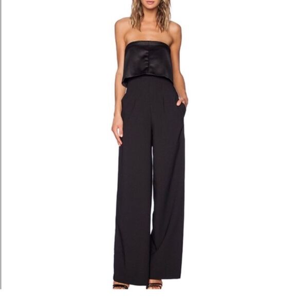 Solace London Black Crepe Satin Strapless Wide Leg Tailor Jumpsuit6